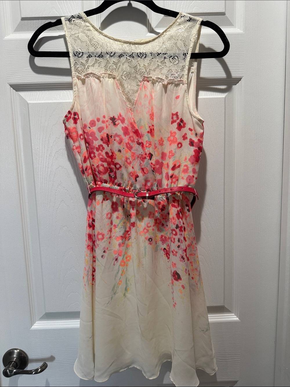 Candie's Cream Mini Dress with Pink Floral Print and Lace Yoke